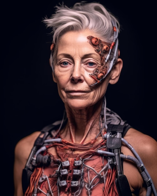Una donna anziana con una tuta da robot sulla faccia