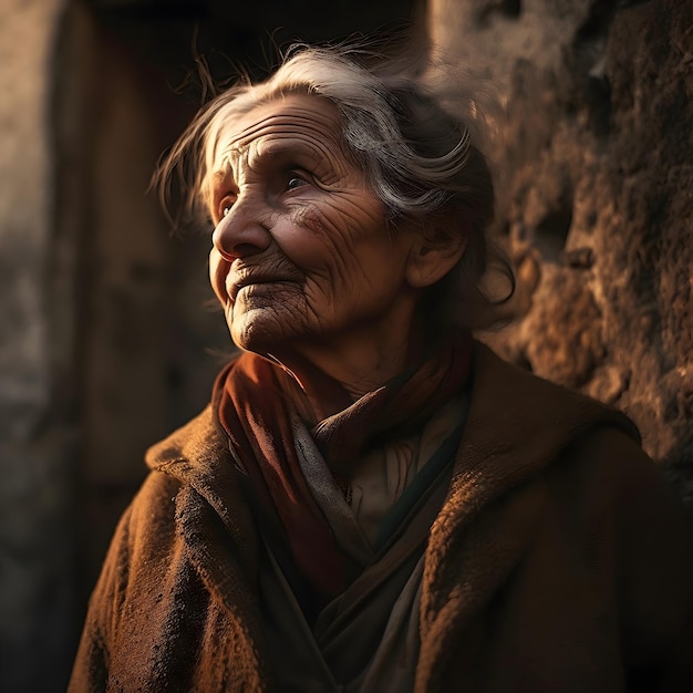 Una donna anziana è in piedi davanti a un muro con il sole che le splende sul viso.