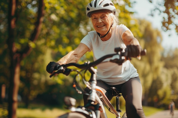 Una donna anziana felice e sorridente che va in bicicletta conduce uno stile di vita attivo, un concetto di vecchiaia attiva.