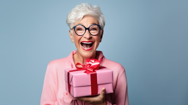 Una donna anziana felice e sorridente con una scatola di regali sullo sfondo blu