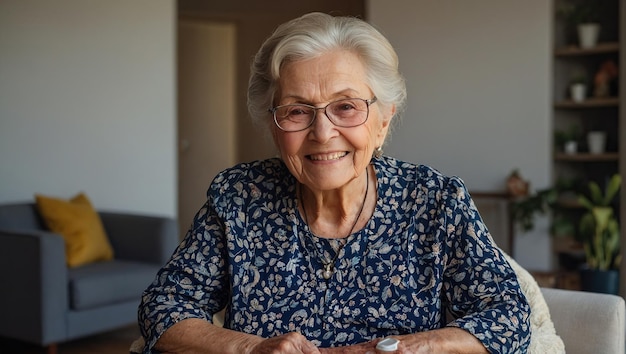 Una donna anziana felice e sorridente in una casa di riposo