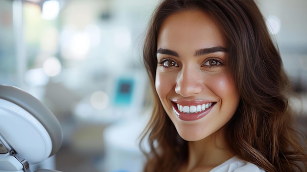 Una donna anziana felice posa per la telecamera nell'ufficio del dentista