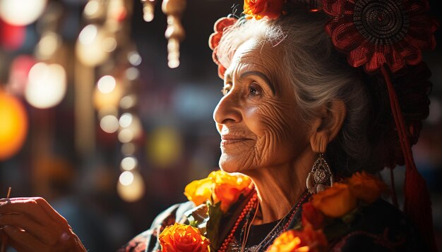 Una donna anziana gioiosa con un fiore che celebra l'amore all'aperto generato dall'intelligenza artificiale