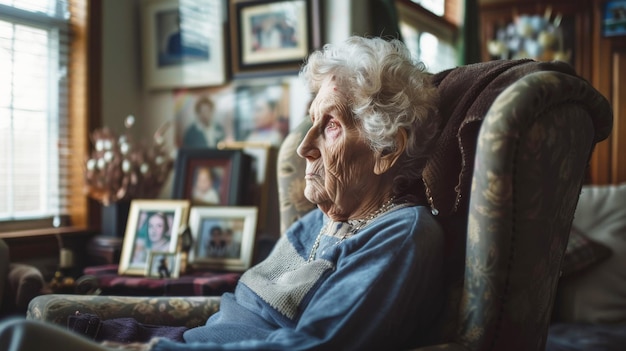 Una donna anziana guarda fuori dalla finestra con in mano un album con foto di famiglia