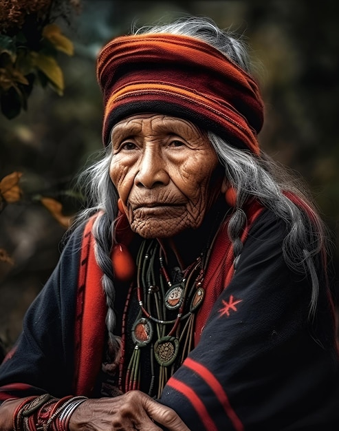 Una donna anziana in abito tradizionale siede in una foresta.