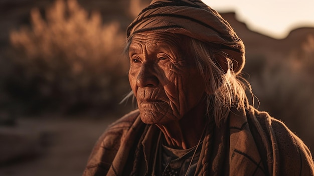 Una donna anziana in un ambiente desertico