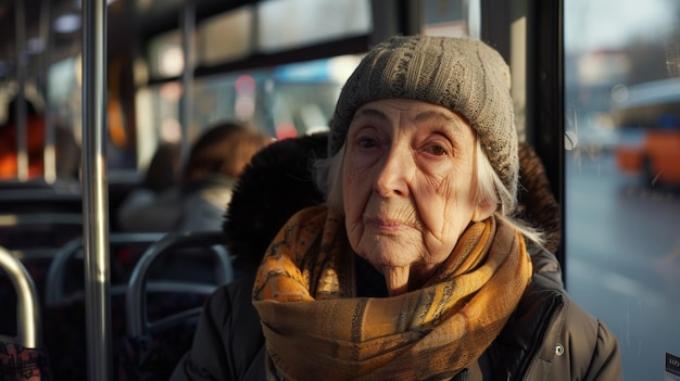 Una donna anziana in un viaggio in autobus guarda pensierosa il suo viso raccontando storie della vita vissuta