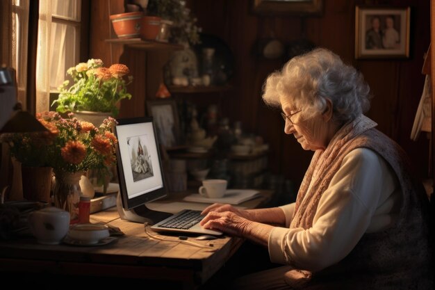 Una donna anziana intelligente si siede a casa al suo computer e studia