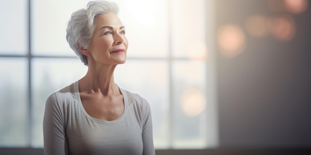 Una donna anziana, matura e amichevole, elegante, che medita e fa yoga con un comportamento calmo e sereno.