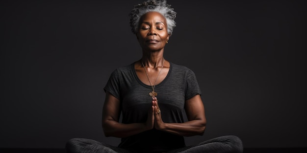 Una donna anziana, matura e amichevole, elegante, che medita e fa yoga con un comportamento calmo e sereno.
