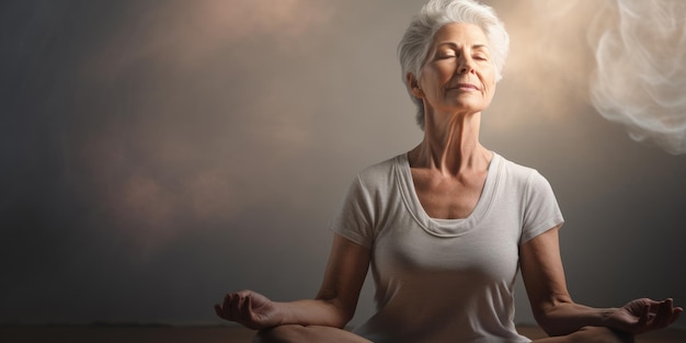 Una donna anziana, matura e amichevole, elegante, che medita e fa yoga con un comportamento calmo e sereno.