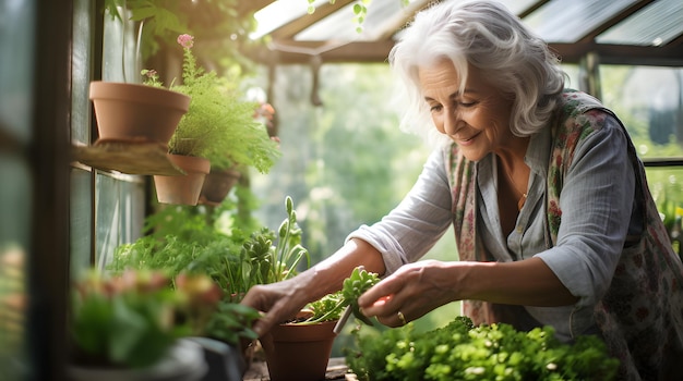 Una donna anziana mette in vaso delle piante nella sua serra circondata da verde