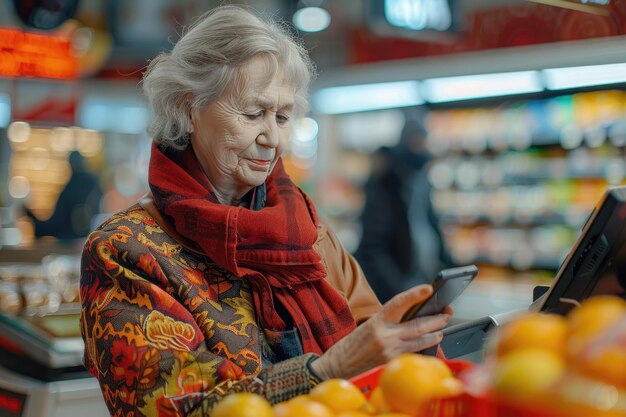 Una donna anziana paga con il suo smartphone per fare la spesa al supermercato