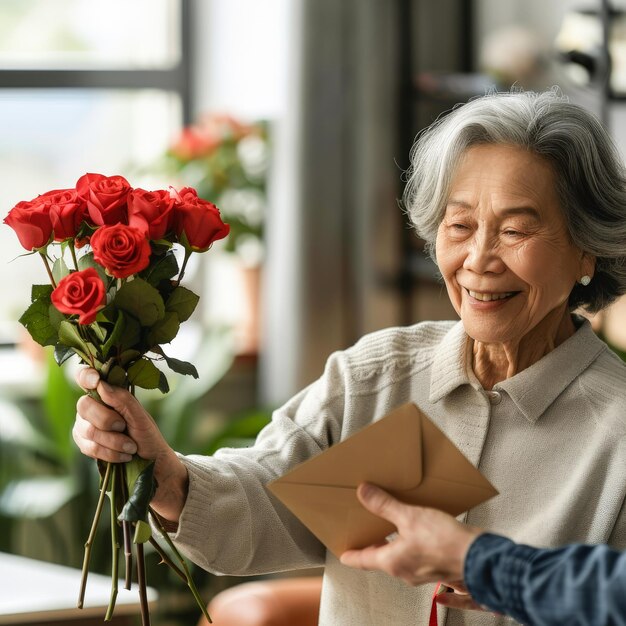 Una donna anziana riceve un bouquet di rose e una busta con un biglietto di auguri come regalo