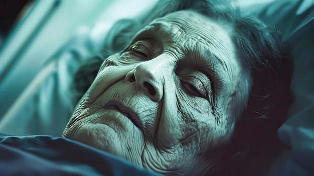 Una donna anziana riposa pacificamente in un letto d'ospedale circondata da una tranquilla attesa e serenità