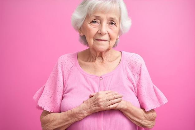 Una donna anziana sa di avere un cancro al seno su sfondo rosa IA generativa