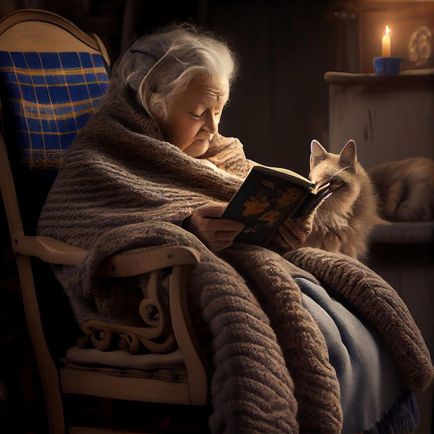 Una donna anziana seduta su una sedia a leggere un libro