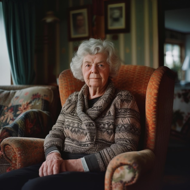 una donna anziana seduta su una sedia in un soggiorno