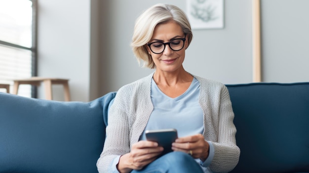 Una donna anziana si siede sul divano a casa e sorride tenendo il suo smartphone nelle mani
