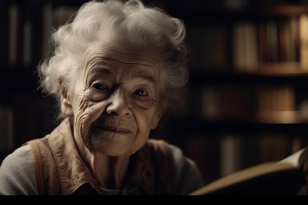 Una donna anziana siede davanti a un libro