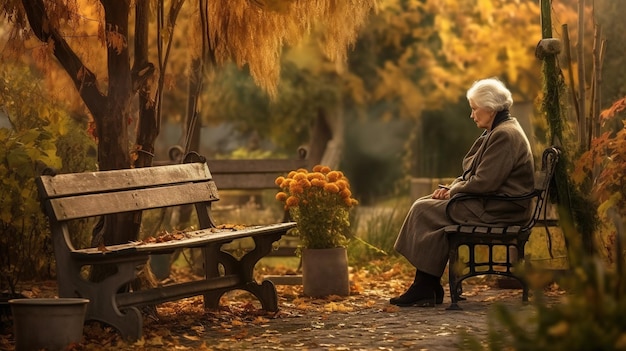 Una donna anziana siede su una panchina in un parco con un mazzo di fiori in primo piano.