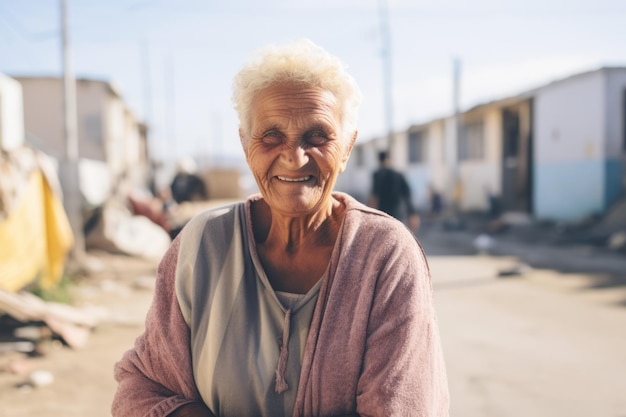 una donna anziana sorride alla telecamera