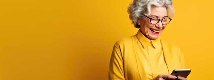 Una donna anziana sorride e ride con il suo telefono su uno sfondo colorato