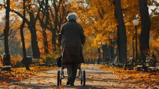 Una donna anziana sta camminando con un camminatore in un parco