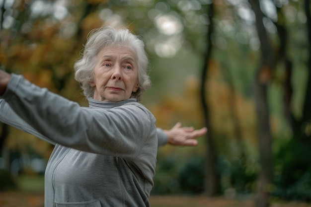 Una donna anziana sta lanciando un frisbee in un parco
