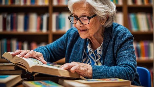 una donna anziana sta leggendo un libro con un libro intitolato citazione la parola citazione in cima