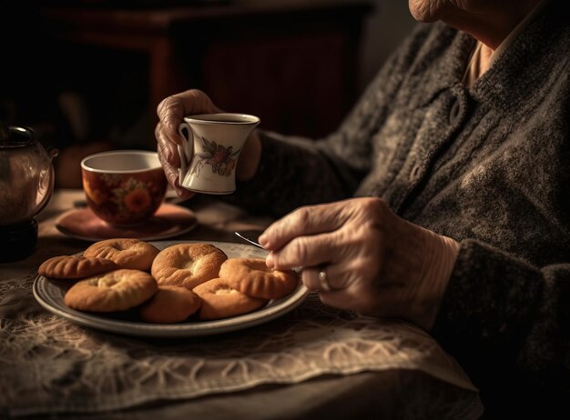 Una donna anziana sta mangiando un piatto di biscotti e una tazza di caffè.