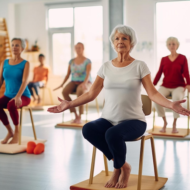 una donna anziana sta praticando yoga su uno sgabello con altre persone sullo sfondo