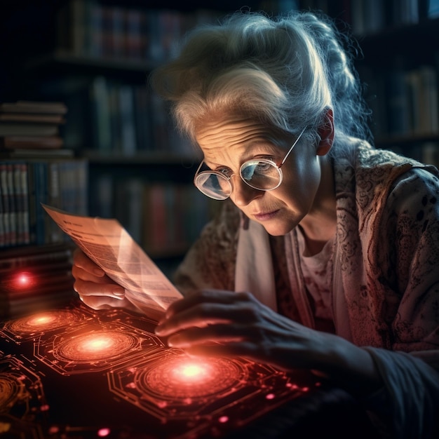 una donna anziana sta scrivendo su un computer portatile.
