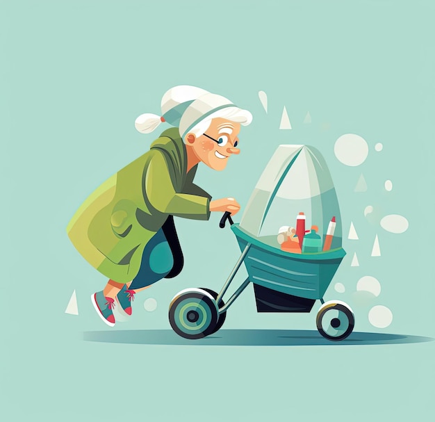 una donna anziana traina la carrozzina davanti a sé nello stile giocoso del design dei personaggi
