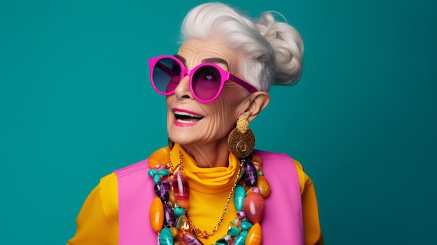 Una donna anziana vivace e divertente che indossa abiti eleganti è raffigurata su uno sfondo pigmentato che trasmette idee sull'età della moda e sulla maturità