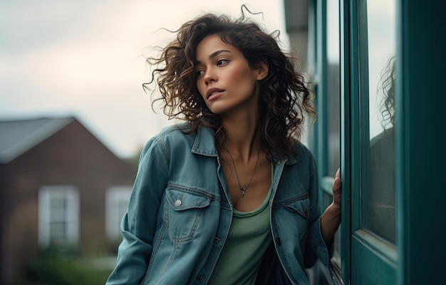 Una donna appoggiata a una porta verde con i capelli mossi dal vento