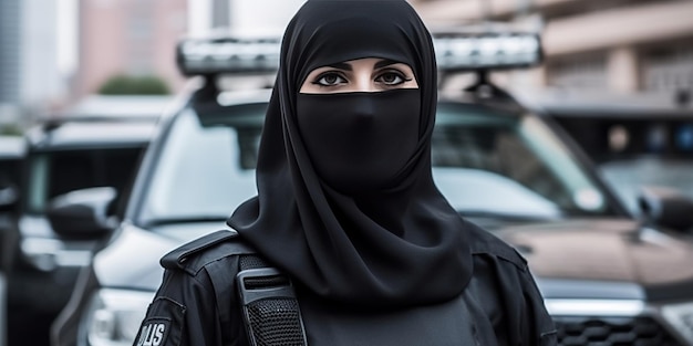 Una donna araba vestita da agente di polizia con il niqab simboleggia i limiti che le donne del mondo islamico devono affrontare nella scelta di determinate professioni IA generativa
