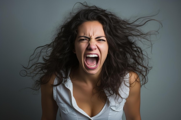 una donna arrabbiata con la bocca aperta e i capelli mossi dal vento