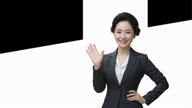 Una donna asiatica amichevole vestita con un abito da ufficio professionale