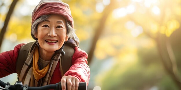 Una donna asiatica anziana in bicicletta nel parco la sua gioia e fiducia si mescolano con la bellezza della natura AI generativa