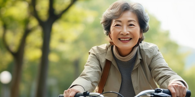 Una donna asiatica anziana in bicicletta nel parco la sua gioia e fiducia si mescolano con la bellezza della natura AI generativa