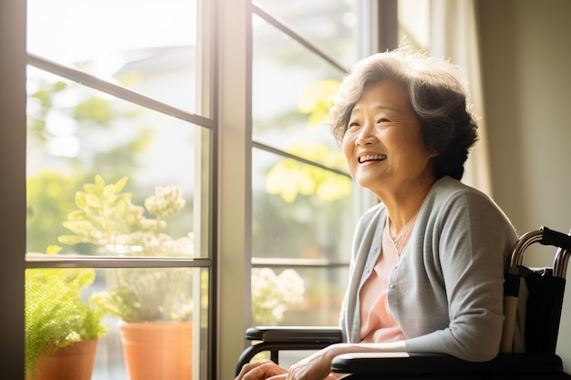 Una donna asiatica anziana in pensione a casa seduta su una sedia a rotelle che guarda fuori da una finestra in una giornata di sole