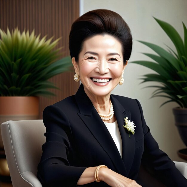 Una donna asiatica anziana seduta su una sedia sorridendo e posando per una foto indossa un blazer nero e una camicia bianca.