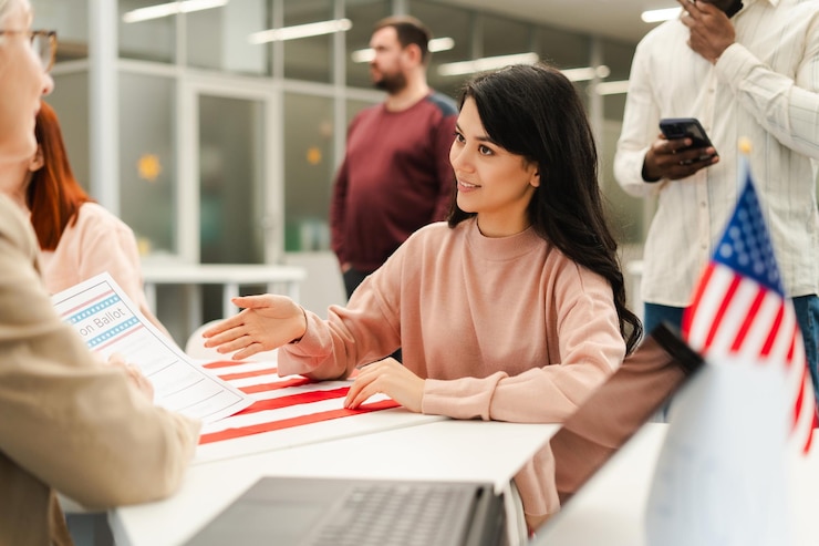 Foto una donna asiatica attraente e sorridente che parla con un operaio al seggio elettorale seduta al tavolo di registrazione