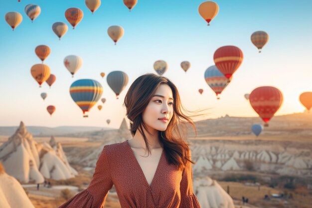 una donna asiatica che guarda i palloncini ad aria calda in Cappadocia, in Turchia