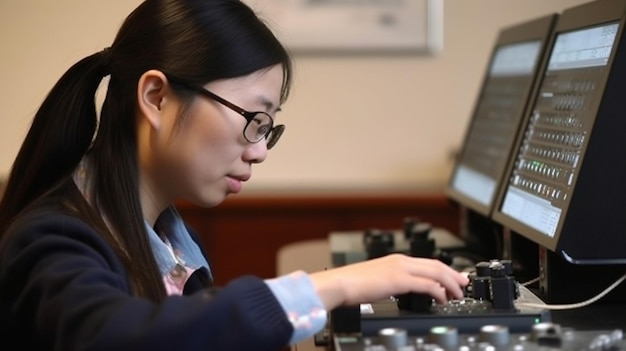 Una donna asiatica che ha una disabilità visiva sta utilizzando un dispositivo assistito dalla tecnologia chiamato refres