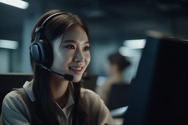 Una donna asiatica che indossa un auricolare si siede davanti allo schermo di un computer