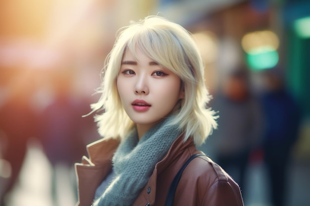 Una donna asiatica con i capelli biondi e una giacca marrone si trova in strada