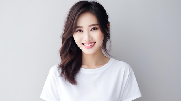Una donna asiatica con i capelli lunghi e marroni e una camicia bianca sorride per una foto