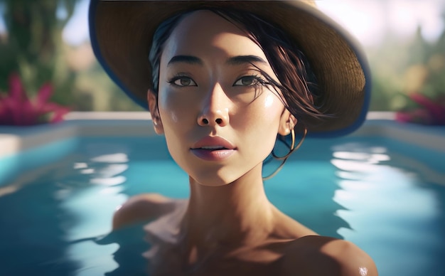 Una donna asiatica con un cappello che si rilassa in una piscina con vista tropicale... ai generato